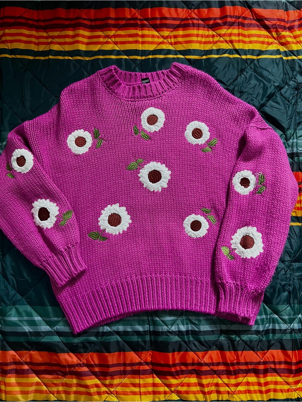 Woman Pink Floral Knit Crewneck Sweater